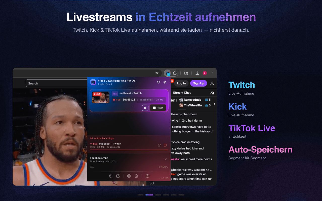 Nimm Livestreams in Echtzeit auf, Segment für Segment