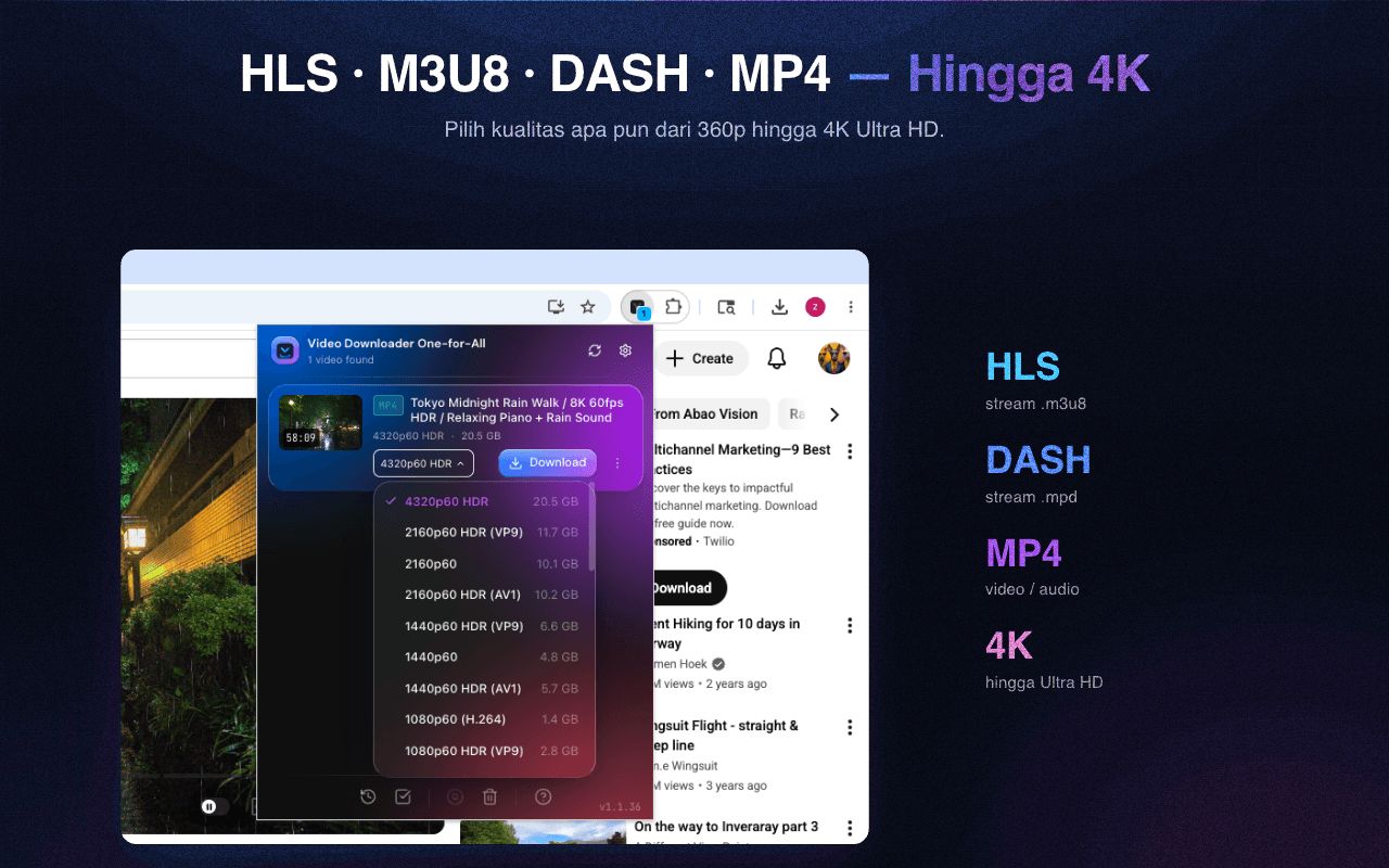 Simpan HLS, DASH, dan MP4 dalam kualitas apa pun hingga 4K