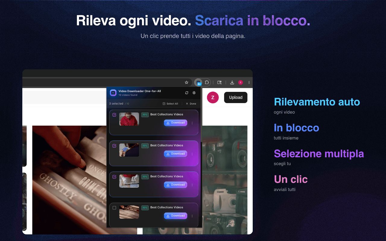Rileva automaticamente ogni video di una pagina e scarica in blocco