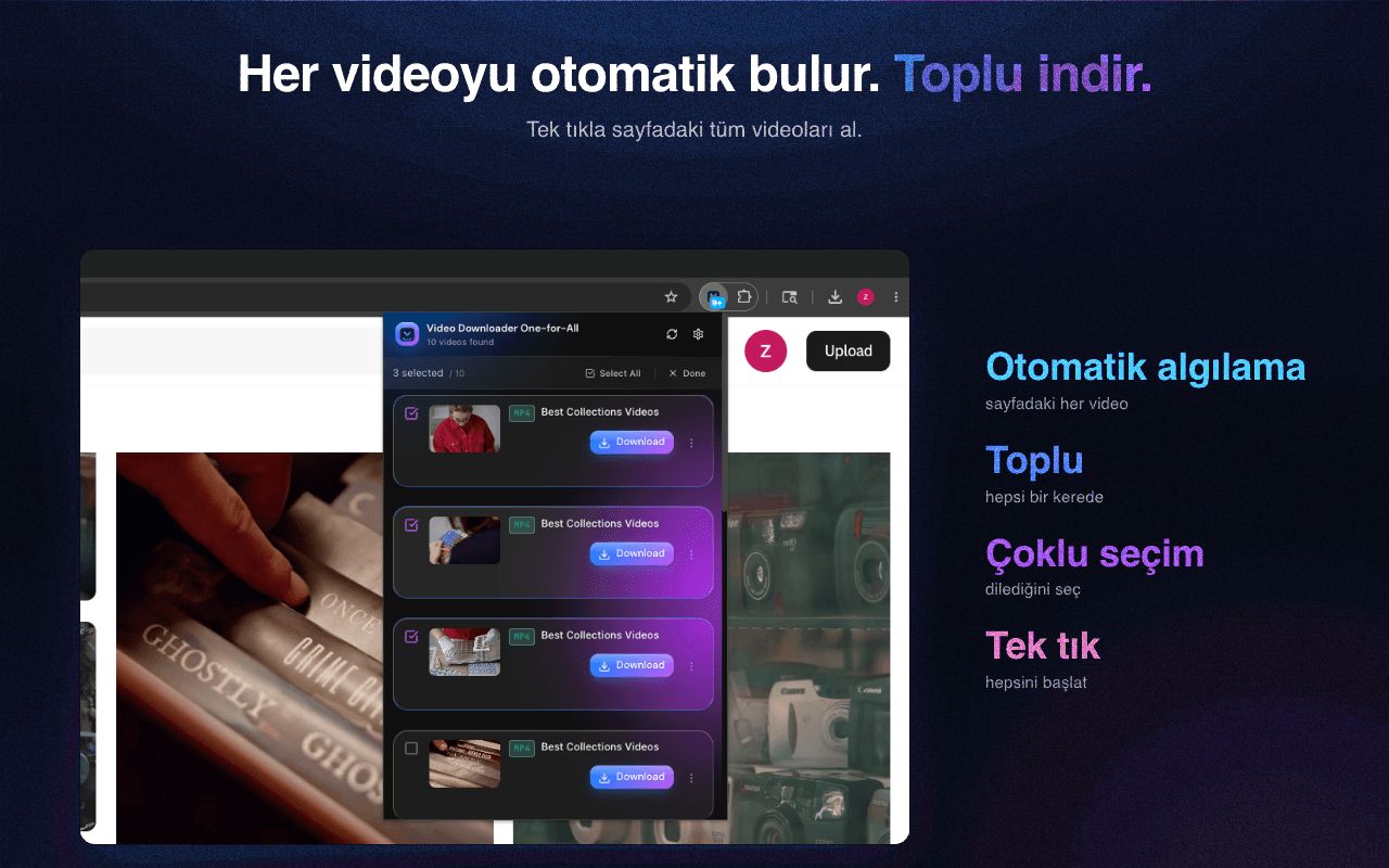 Sayfadaki her videoyu otomatik algılayın ve toplu olarak indirin